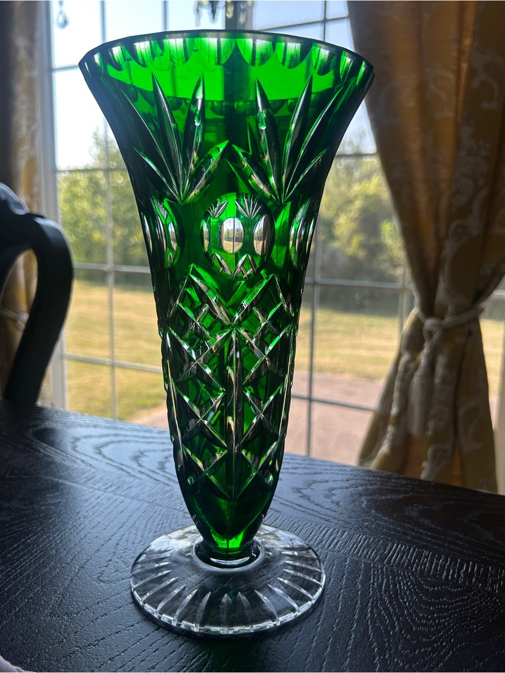 Vintage Imperial Hand Cut Emerald Glow Glass Vase German 1950s 10.5”